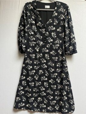 Frank and Oak Black Floral Wrap Midi Dress Sz M